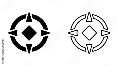 Bild auf Leinwand Directional Compass Icon Set: A set of two graphic icons depicting a compass rose, one solid black and one outline, symbolizing direction, navigation, and guidance