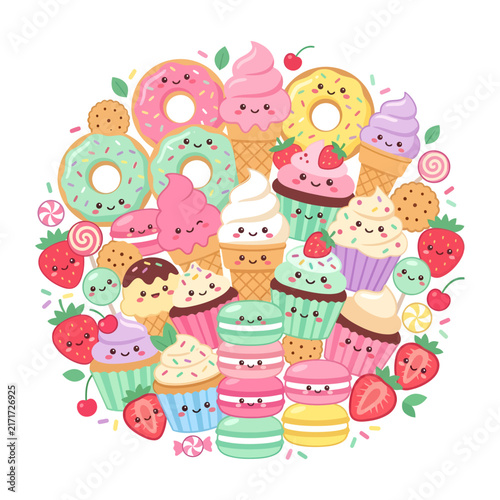 Cute Kawaii Desserts and Sweets Assortment.