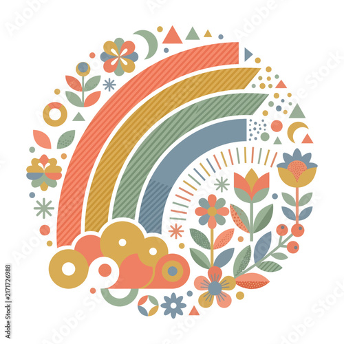 Whimsical rainbow and floral illustration with geometric elements.