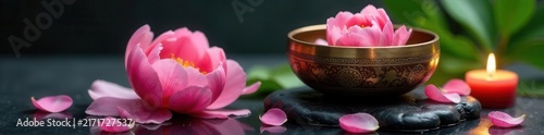Pink peony floats in water beside a Tibetan singing bowl, candles & petals on black stone , still life, black stone