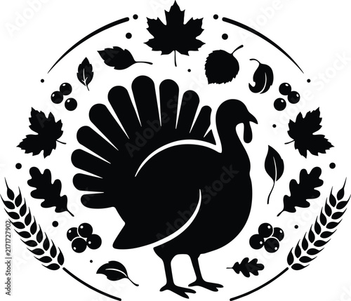 Thanksgiving turkey silhouette with autumn leaves and wheat wreath