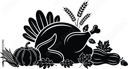 Thanksgiving turkey silhouette with pumpkins, corn, and wheat stalks
