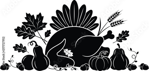 Thanksgiving turkey silhouette with pumpkins, leaves, and wheat