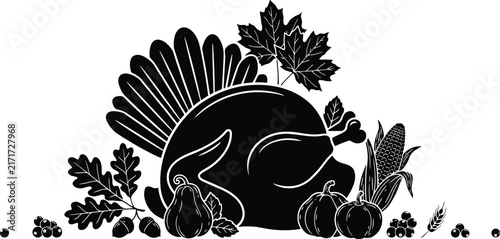 Thanksgiving turkey with harvest vegetables and autumn leaves silhouette