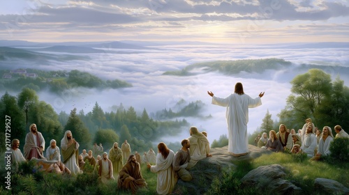 Jesus preaching to followers on misty hilltop at sunrise landscape