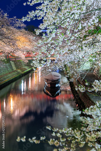 Night cherry blossoms along Suimon River with boat and red bridge at Oku no Hosomichi Musubi no Chi Ogaki Gifu Japan

