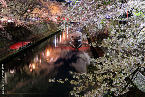 Night cherry blossoms along Suimon River with boat and red bridge at Oku no Hosomichi Musubi no Chi Ogaki Gifu Japan


