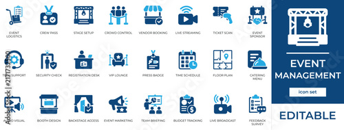 Events management icon set featuring corporate business organization, conference planning calendar, wedding venue location, project seminar meeting, and booking ticket report symbols.