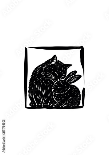 Cat and Rabbit Cuddling Silhouette in Hand-Drawn Frame, Black Ink Woodcut Style Illustration