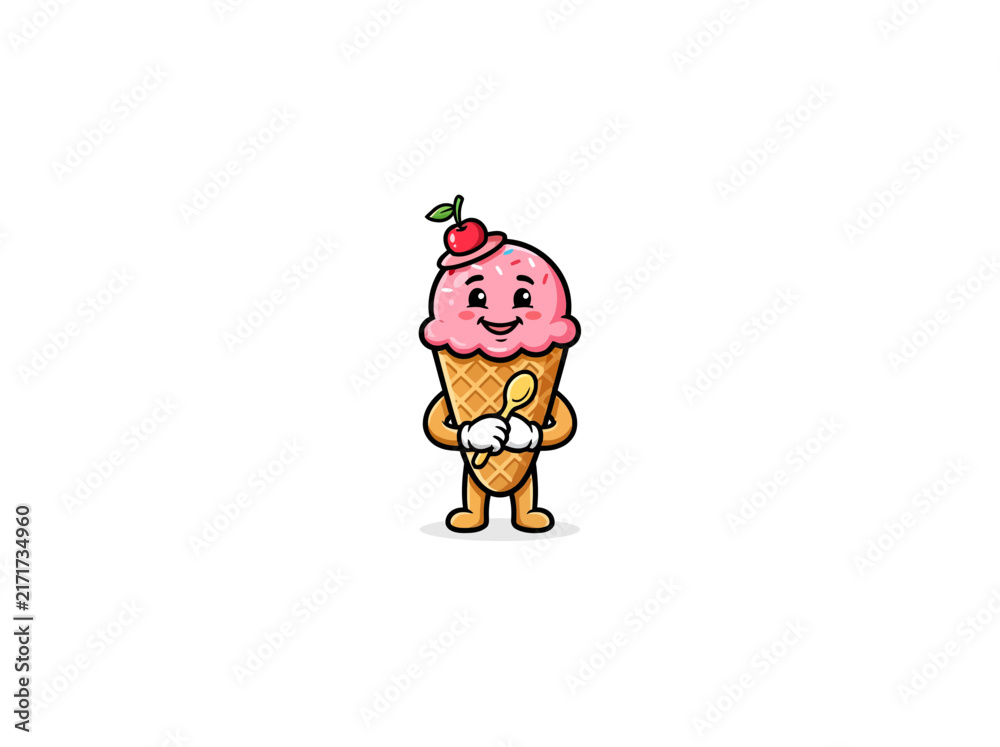 Fototapeta premium Smiling Pink Ice Cream Cone Mascot Holding Spoon Vector Illustration