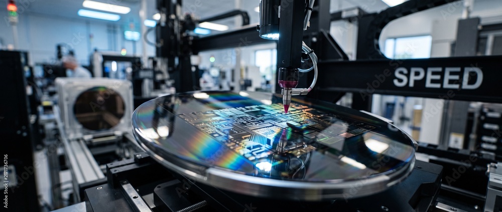 Fototapeta premium Semiconductor silicon wafer manufacturing machine fabricating microchips in automated cleanroom factory facility, advanced microelectronics precision production technology and robotic assembly.
