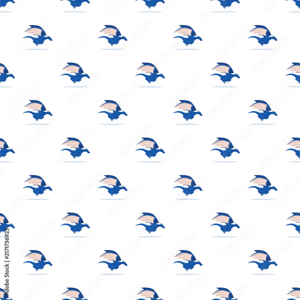 Fototapeta premium Blue stylized dragon character flying repeated creating a magical fantasy pattern