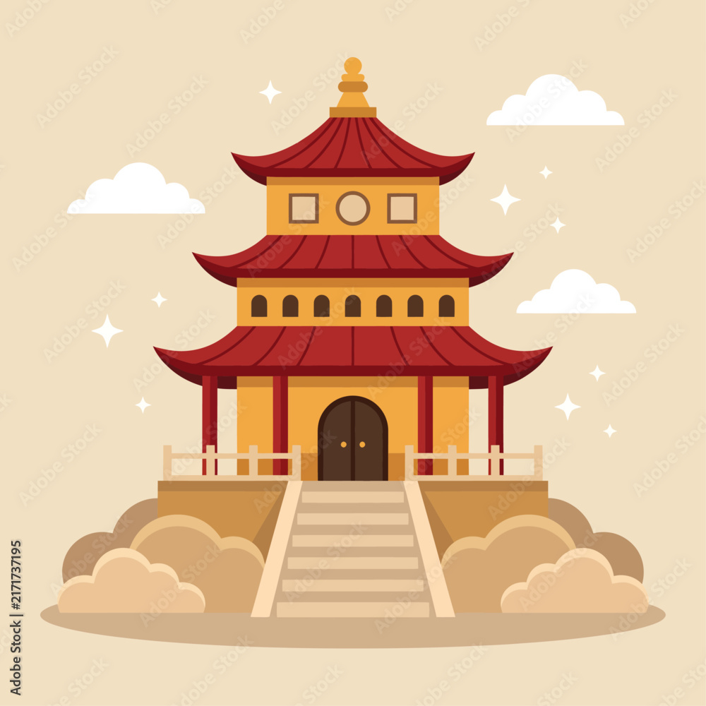 Fototapeta premium A majestic golden temple with vibrant red tiered roofs stands proudly atop billowing stylized clouds, reached by a wide stone staircase beneath a tranquil beige sky adorned with radiant fluffy clouds