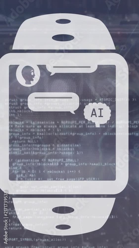 Animation of ai chat box in digital watch over computer language against cables