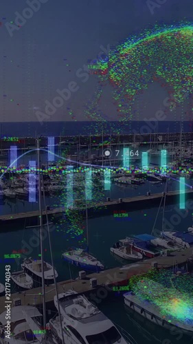 Animation of financial data processing over sea port and globe