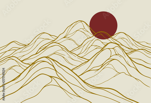 Minimalist Japanese Line Art Mountain Landscape Vector with Red Sun