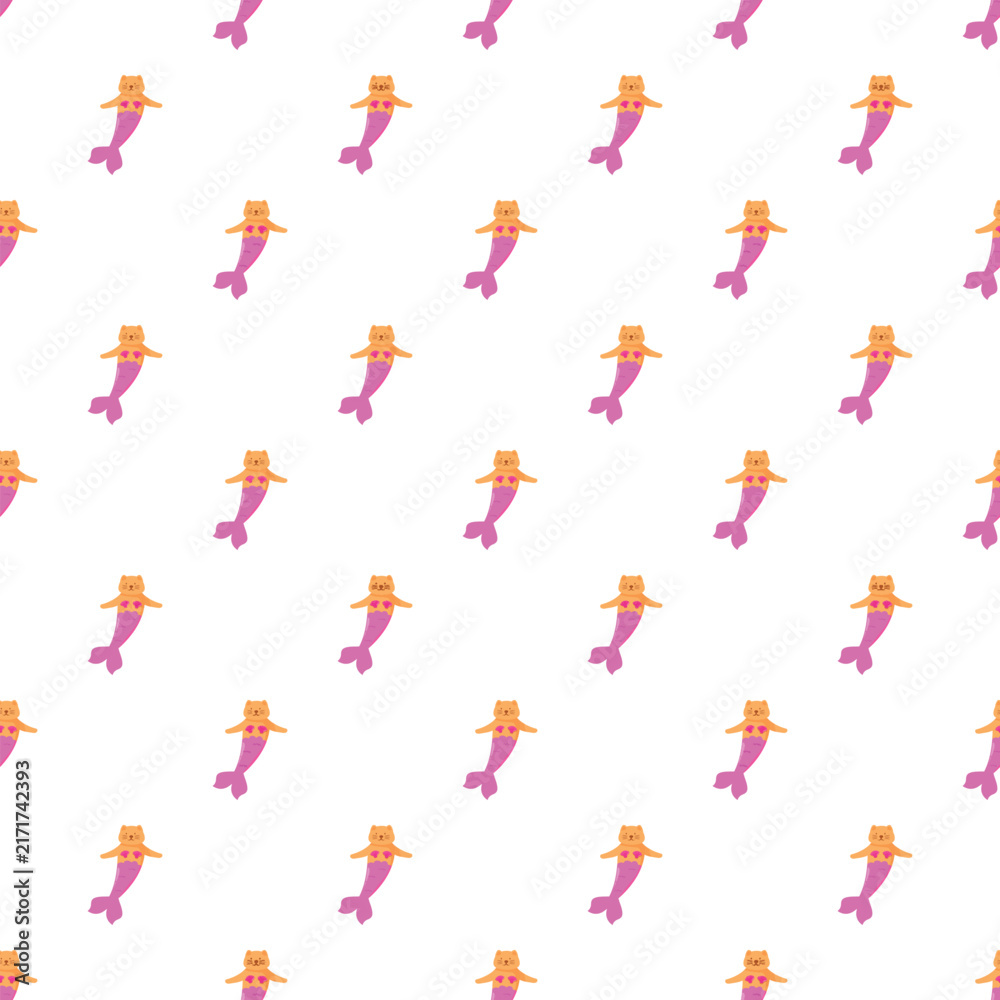Fototapeta premium Adorable repeating pattern featuring cartoon cat mermaids with pink tails and heart tops