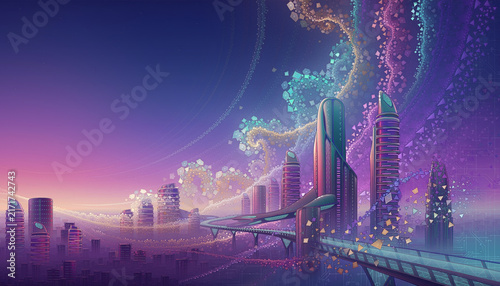 Futuristic cityscape with glowing skyscrapers and vibrant lights at dusk.