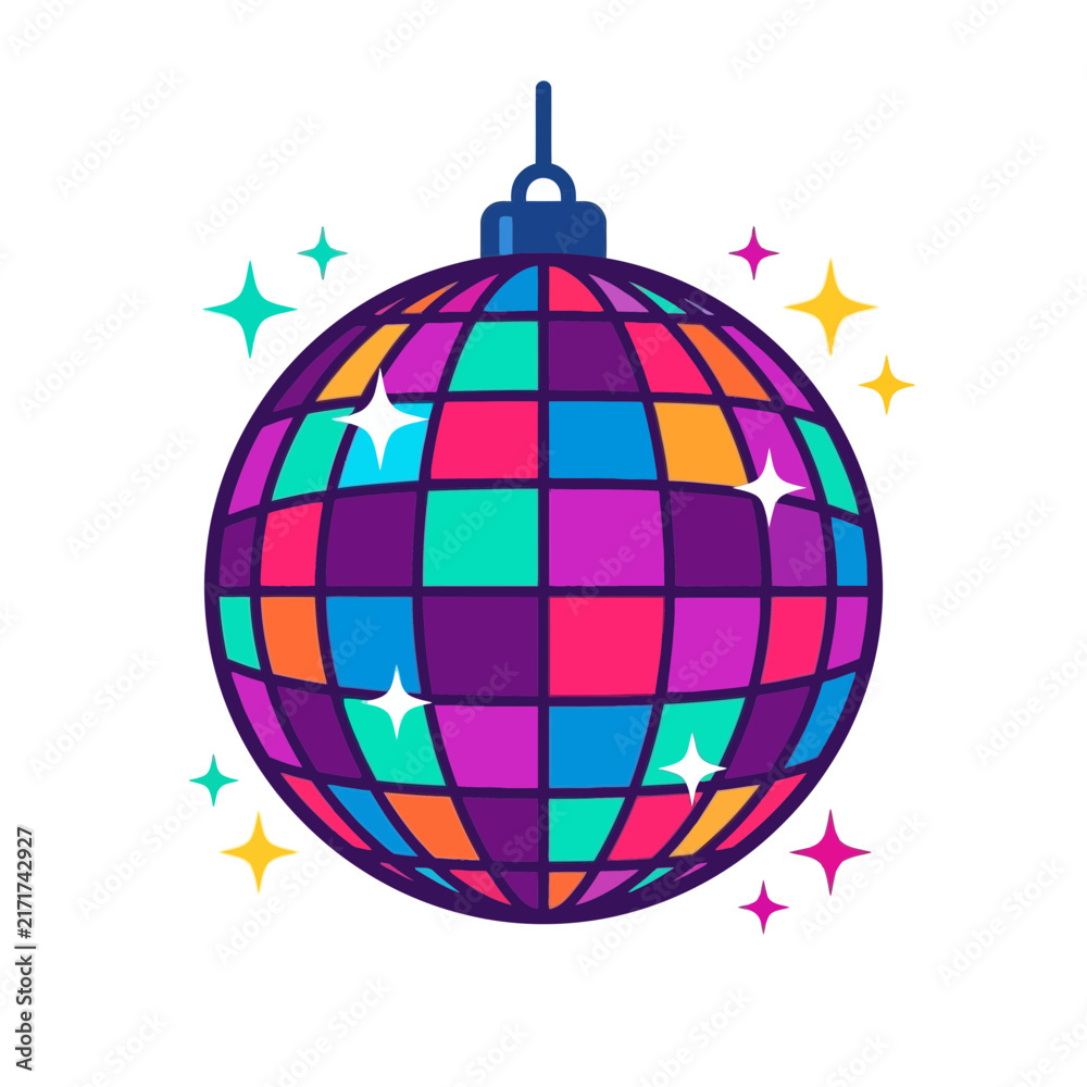 Fototapeta premium Colorful Disco Ball Illustration with Sparkling Stars and Vibrant Geometric Mirror Tiles.