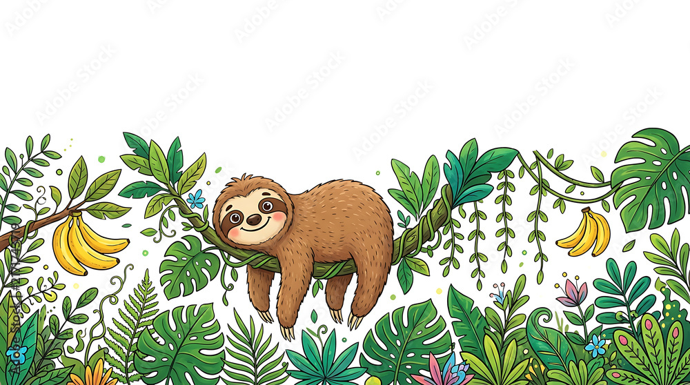 Obraz premium Adorable cartoon sloth hanging on a branch surrounded by lush tropical foliage and bananas