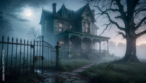 Haunted Victorian-style house with a spooky atmosphere at night.
