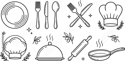 Culinary Restaurant and Chef Line Art Icon Set Featuring Chef Hat, Cutlery, Plate, Cloche Dome, Rolling Pin, Frying Pan, and Olive Branches