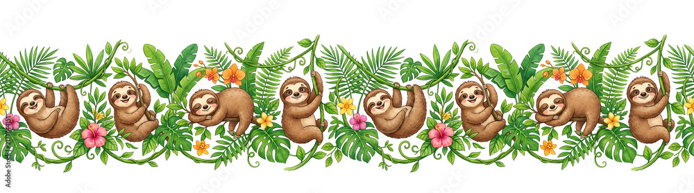 Fototapeta premium Cute cartoon sloths hanging on vines with tropical leaves and flowers. horizontal decorative borde