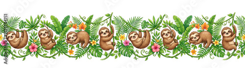 Cute cartoon sloths hanging on vines with tropical leaves and flowers. horizontal decorative borde