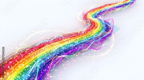 Vibrant rainbow wave flowing across a clean white background featuring glowing particles and intricate digital light lines creating dynamic energy