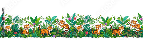 Cute cartoon tigers and tropical jungle leaves. lush greenery. flowers. and vines. playful border
