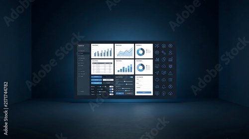 Futuristic Data Dashboard Display Screen with Business Analytics and Metrics