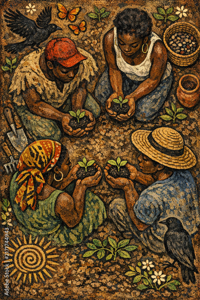 Obraz premium People tending to plants and herbs, celebrating their harvest.
