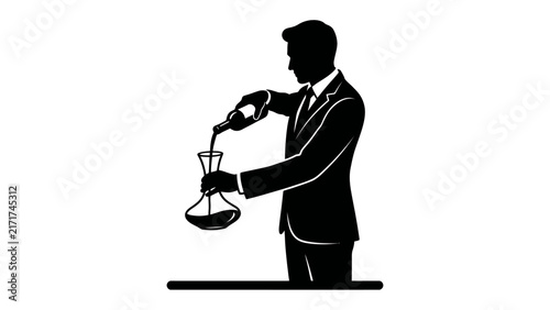 Sommelier's Grace: A silhouette of a sommelier in a tuxedo pours wine from a bottle into a decanter, showcasing expertise and sophistication.
