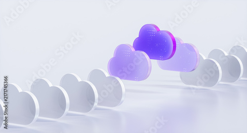 3D glassmorphic cloud computing icons with digital data in row on white background.