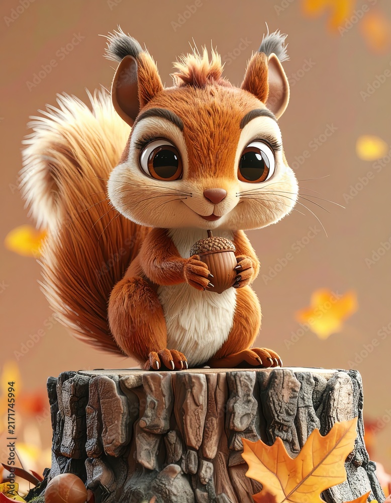 Fototapeta premium Adorable Wildlife Illustration, Adorable 3D Squirrel Holding an Acorn Illustration