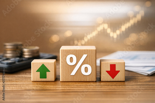 Three colorful blocks representing percentages. Two green with up arrows and one red with down arrow.
