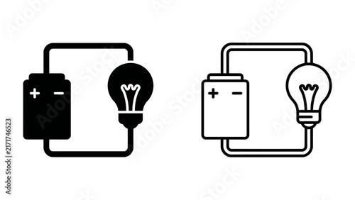 Simple Electrical Circuit Diagrams: Two icons representing a basic electrical circuit, one filled and one outlined, showing a battery connected to a lightbulb.