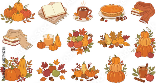 Cozy Autumn Season and Thanksgiving Harvest Vector Illustration Set with Pumpkins Pumpkin Pie Hot Chocolate Books and Fall Floral Bouquets