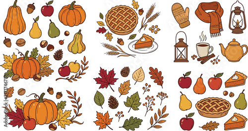 Hand Drawn Autumn Season and Thanksgiving Harvest Vector Doodle Set with Pumpkins Apple Pie Hot Tea Scarf Lanterns and Fall Foliage