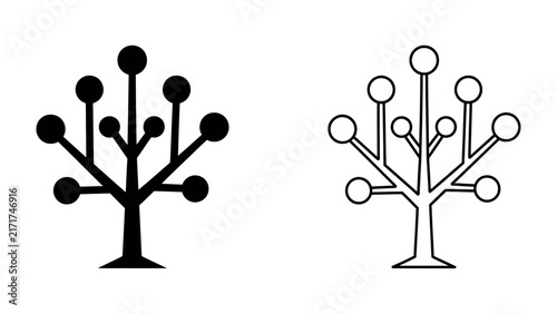 Abstract Tree Icon: A stylized tree rendered in both solid black and outline forms, featuring circular nodes at the end of its branching structure, symbolizing growth, connection, or technology.