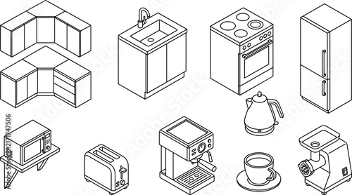 Modern Kitchen Appliances and Furniture Isometric Line Icon Set Featuring Espresso Machine, Microwave, Refrigerator, Stove, Cabinets, Sink, and Toaster for Interior Designs