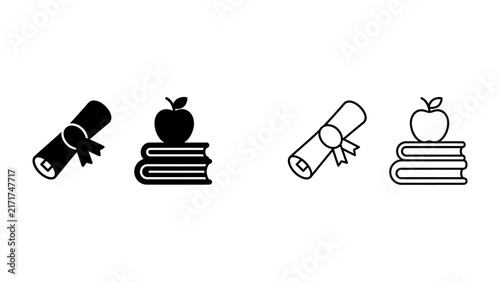 Education Icons: A set of stylized icons representing education, featuring a diploma scroll and stacked books topped with an apple, in both solid and outline versions.