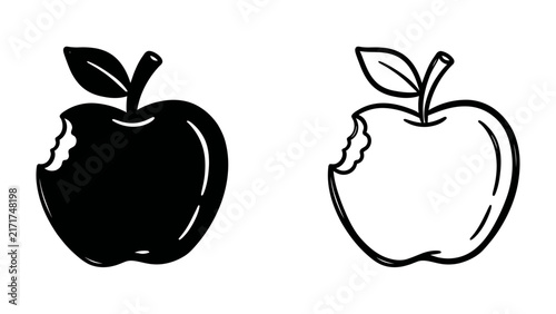 Bitten Apple Icon Set: A stylized set of two apple icons, one solid black and one outline, both featuring a bite mark, representing choice, temptation, or a consumed item.