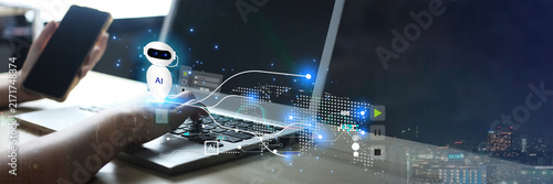 Global AI technology concept featuring a digital assistant connected across a world map, laptop and smartphone. Represents global business,digital transformation and worldwide digital services.