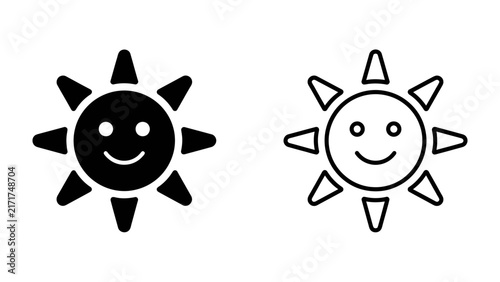 Smiling Sun Icons: Two cheerful sun icons, one solid black and one outlined, each featuring a friendly face, symbolize warmth and brightness.
