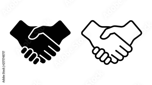 Foto Handshake Icon Set: A pair of minimalist icons depicting two hands clasping in a handshake, representing agreement, partnership, and trust