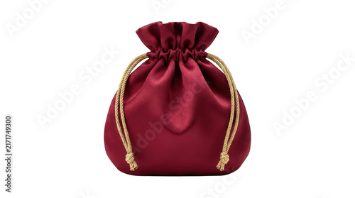 Small red silk drawstring pouch with gold cord isolated on transparent background