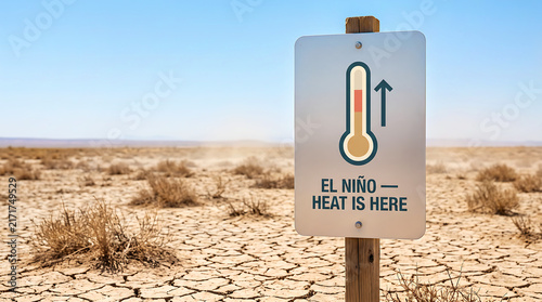 Warning Sign for El Niño Heatwave and Climate Change Concept. Arid Desert Landscape with Cracked Earth and Rising Temperature Sign.