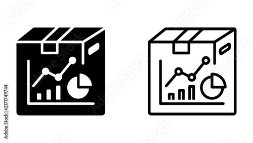 Packaging Data Insights: Two icons depict a cardboard box overlayed with a bar graph, line chart, and pie chart, symbolizing data analysis and logistics for product packaging.