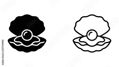 Oyster and Pearl Icons: A simple, elegant illustration of an open oyster revealing a lustrous pearl, presented in both solid black and outline versions for versatility.